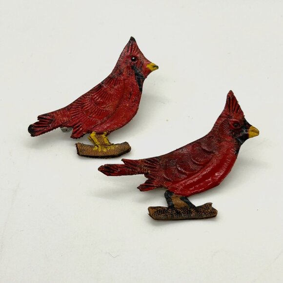 Vintage Cardinal Brooch Handcrafted Leather Birds Hand Painted - Picture 7 of 15